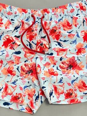 SHAN White Floral Swim Shorts with Red Drawstring